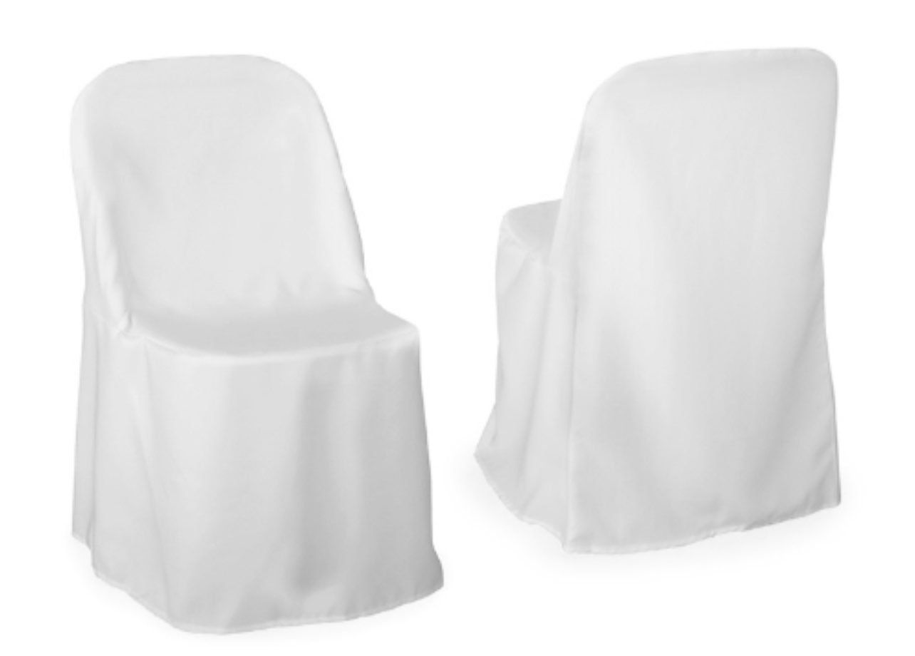 Two white folding chairs covered with white fabric.