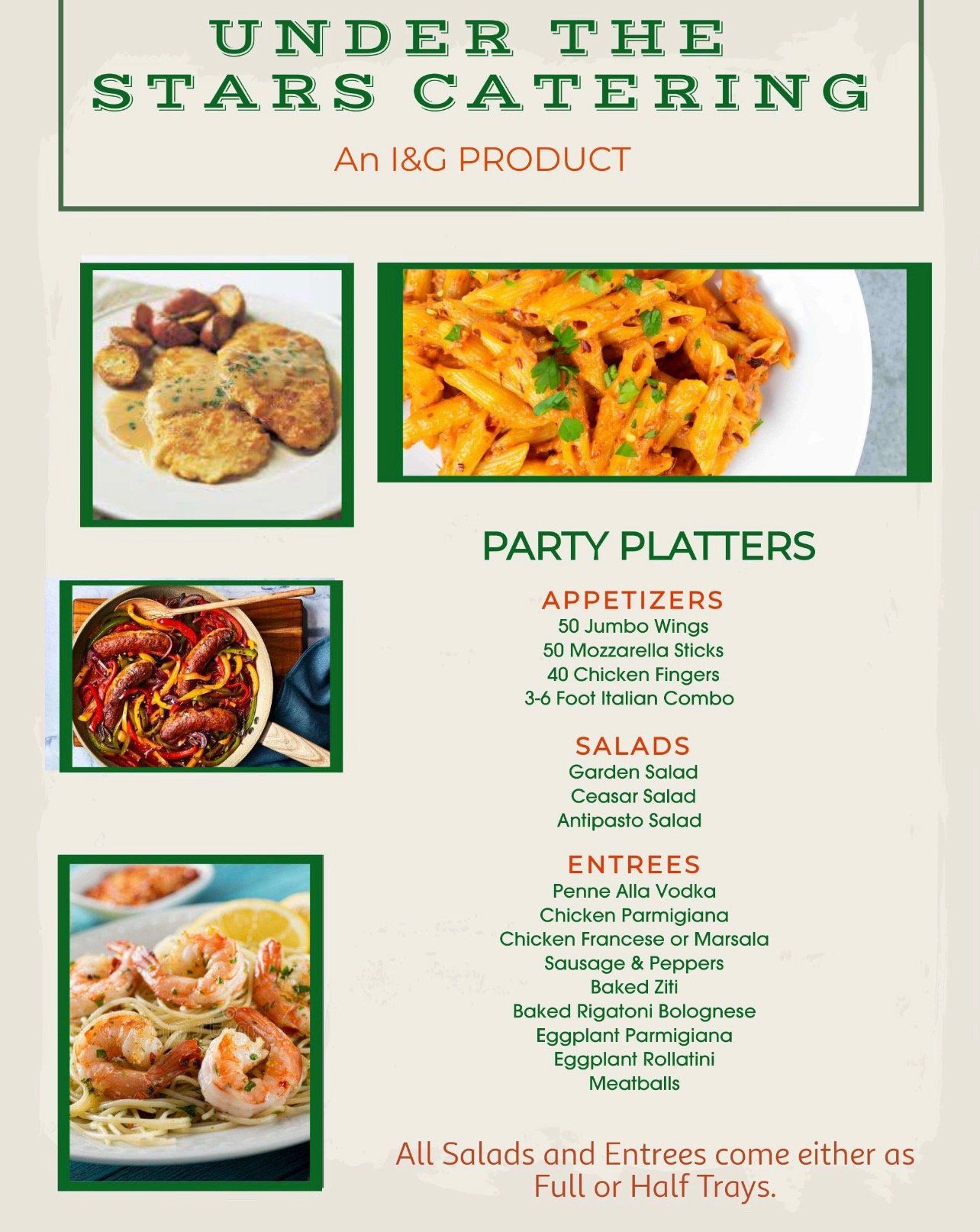 Catering menu with images of food; appetizers, salads, and entrees listed with full or half tray options.