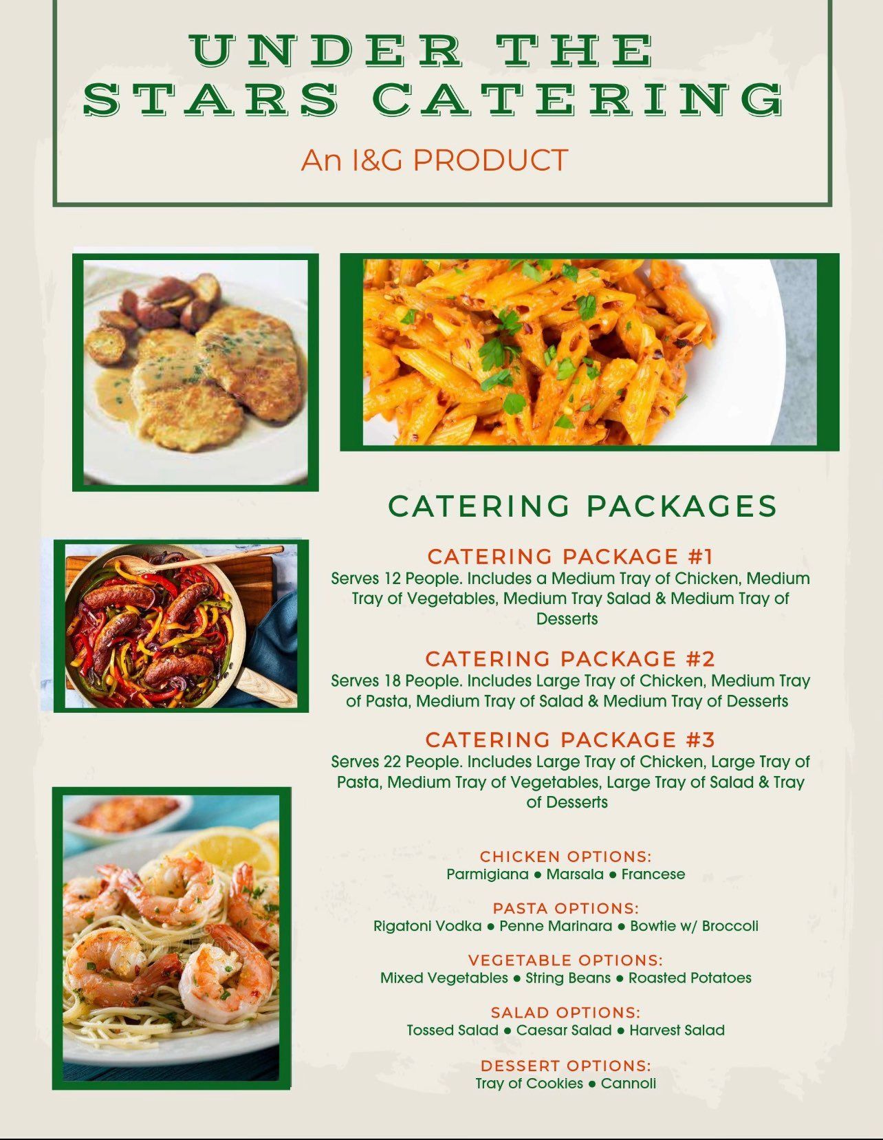 Catering menu with food photos. Features pasta, shrimp, and other dishes. Offers catering packages.