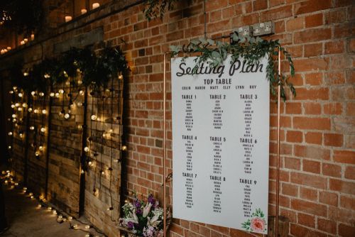 Seating plan sign on copper frame; decorated with greenery. Brick wall and string lights in the background.