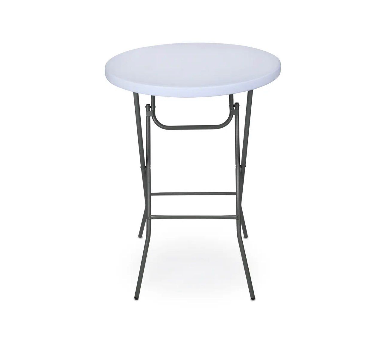 White, round, folding party table with dark metal legs on a white background.