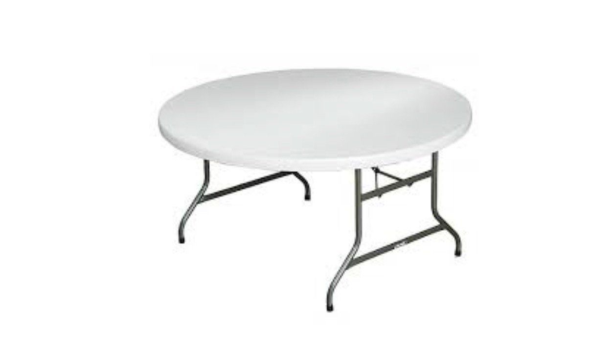 White round folding table with silver metal legs.