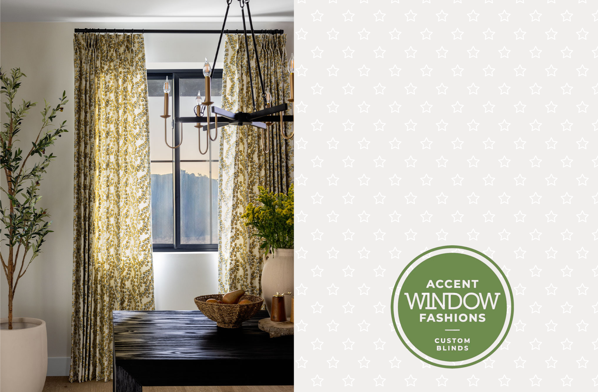 Two images comparing stationary drapery panels with a Roman shade and stationary panels with traversing sheers near Elkhorn, Nebraska (NE)