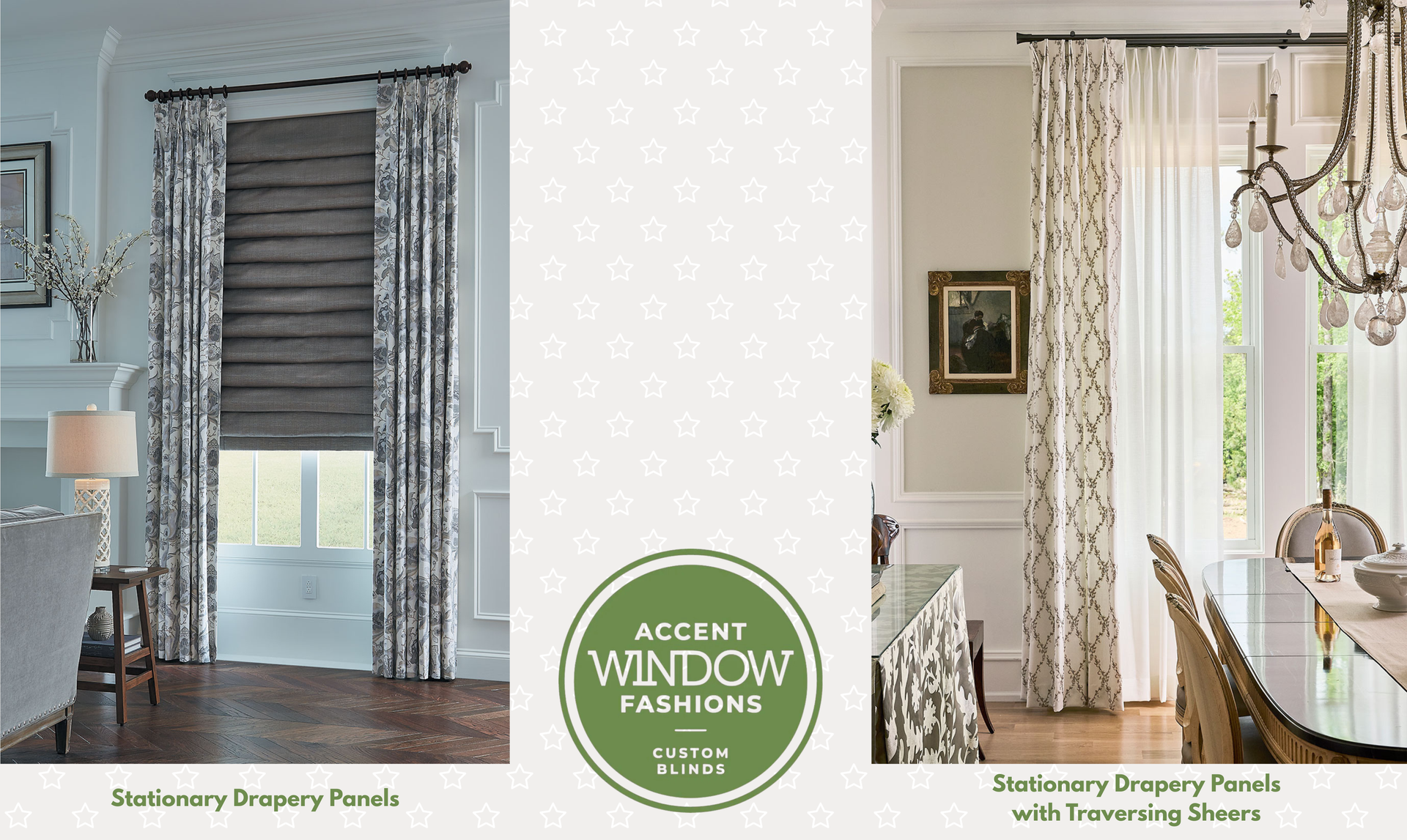 Two images comparing stationary drapery panels with a Roman shade and stationary panels with traversing sheers near Elkhorn, Nebraska (NE)