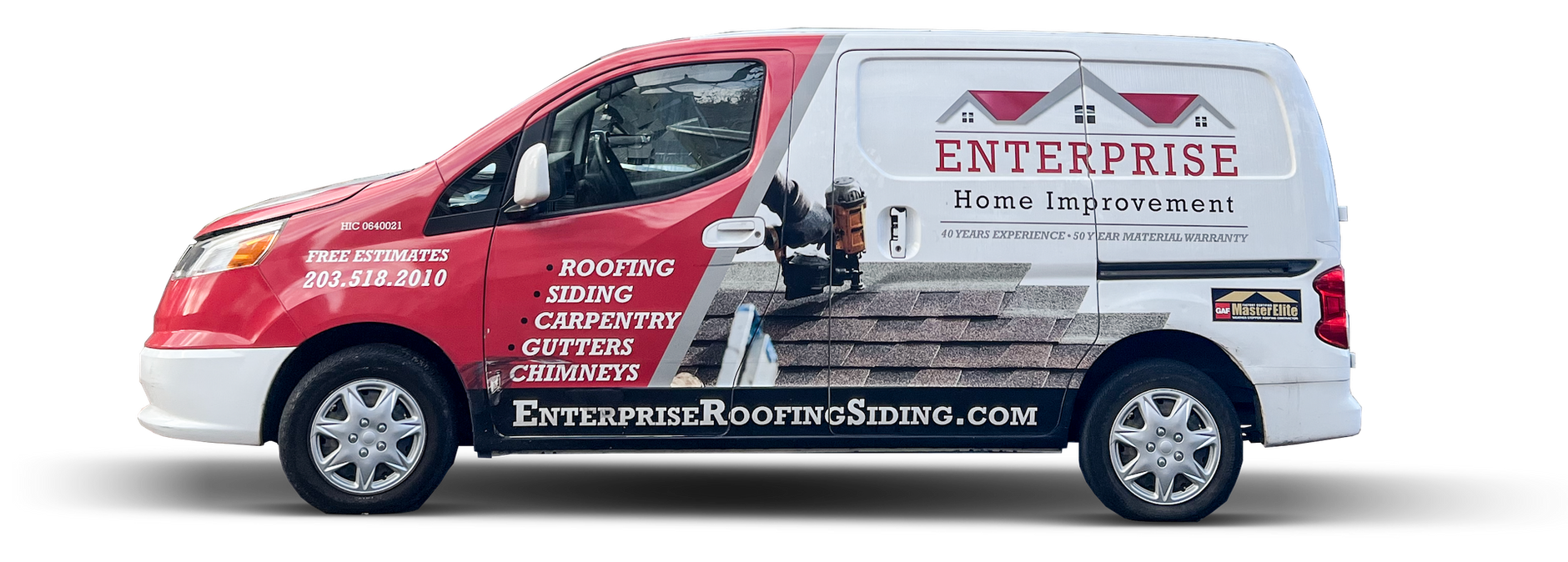A red and white van with the word enterprise home improvement on the side