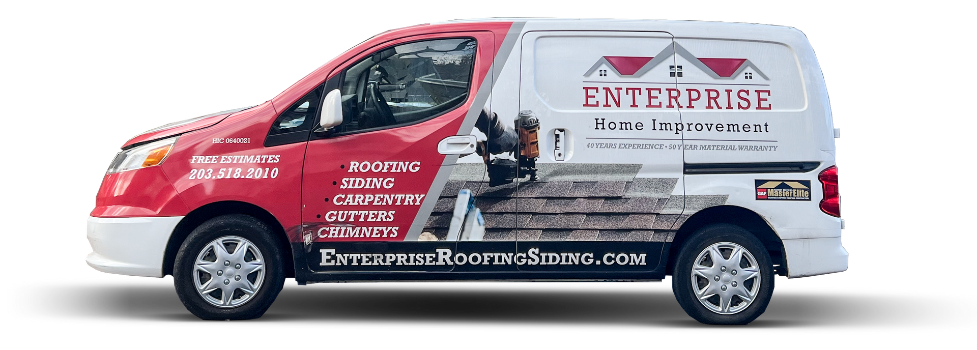 A red and white van with the word enterprise home improvement on the side