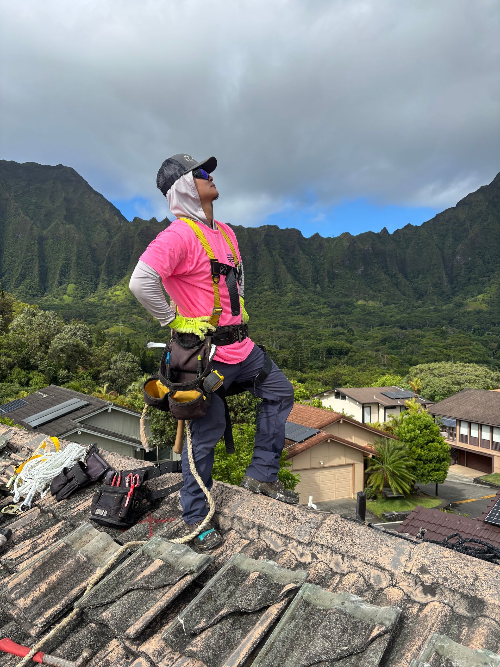 Man in pink shirt, safety gear, looks up from a roof, mountain backdrop.