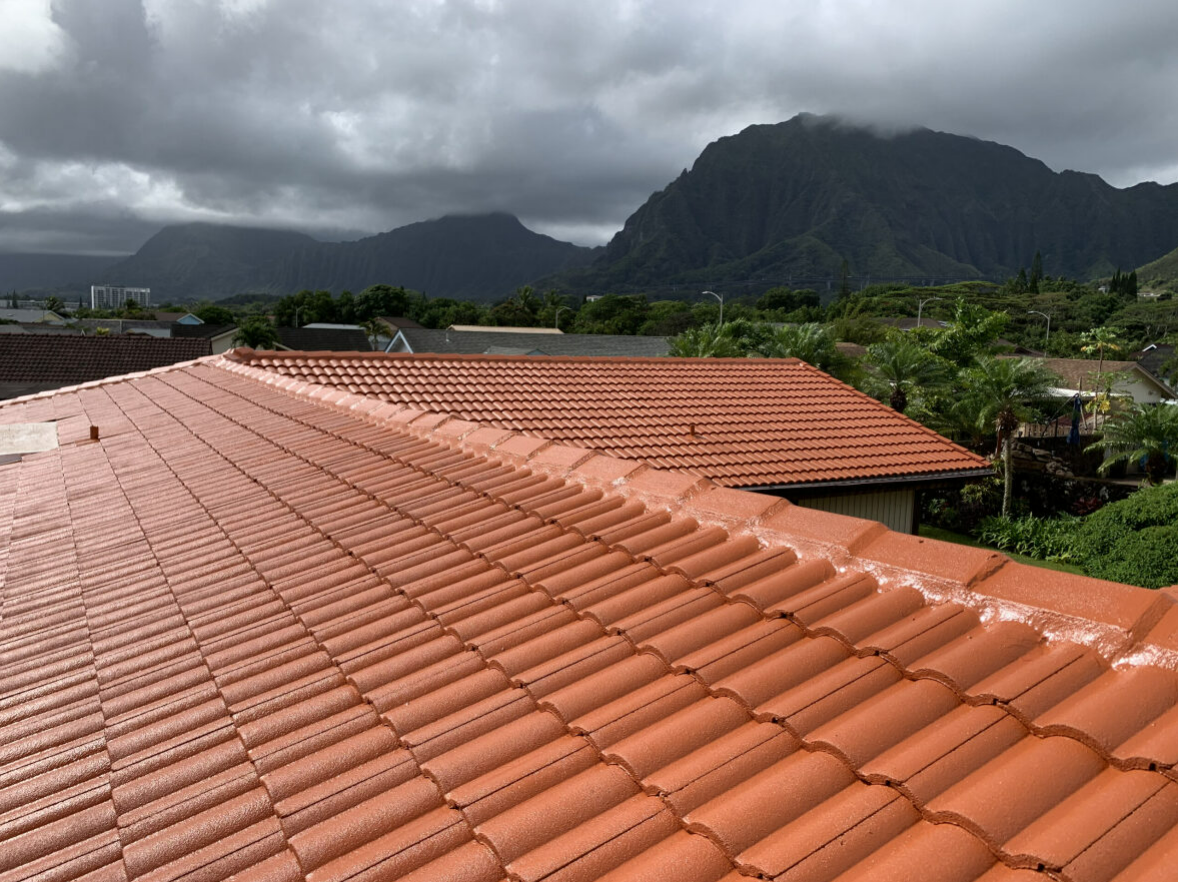 Red tile roof with mountain backdrop on a cloudy day.