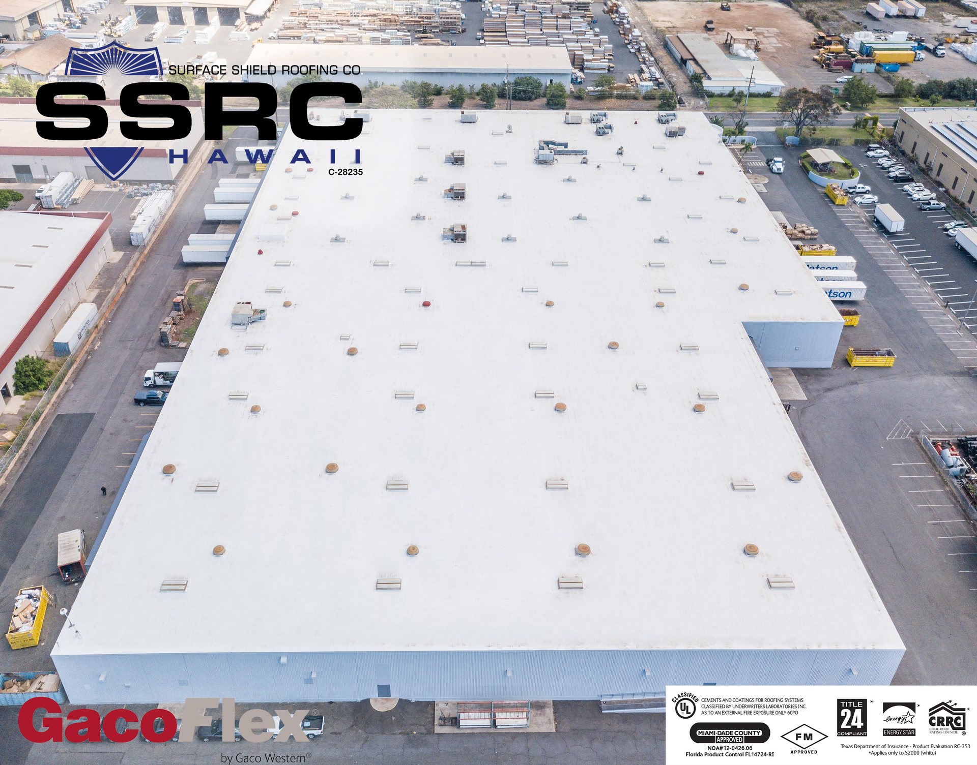 Aerial view of a large warehouse with a white roof, SSRC Hawaii logo on the roof.