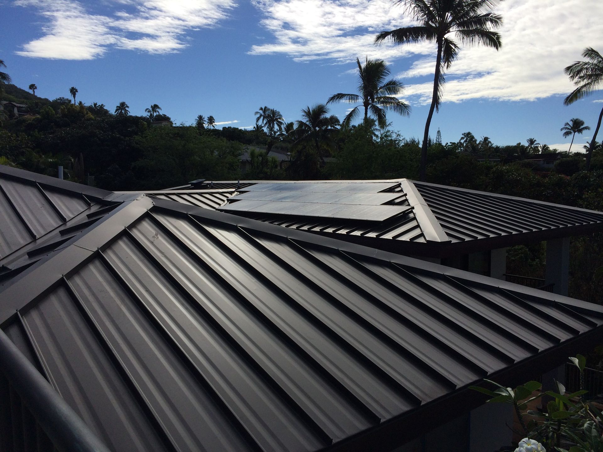 Black metal roof with solar panels against a blue sky with palm trees.