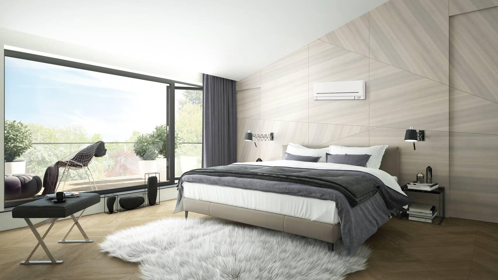 Camera da letto moderna con letto, ampia finestra e boiserie in legno chiaro.