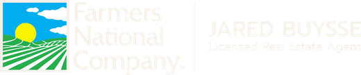 Farmers National Company and Jared Buysee real estate logos on a white banner
