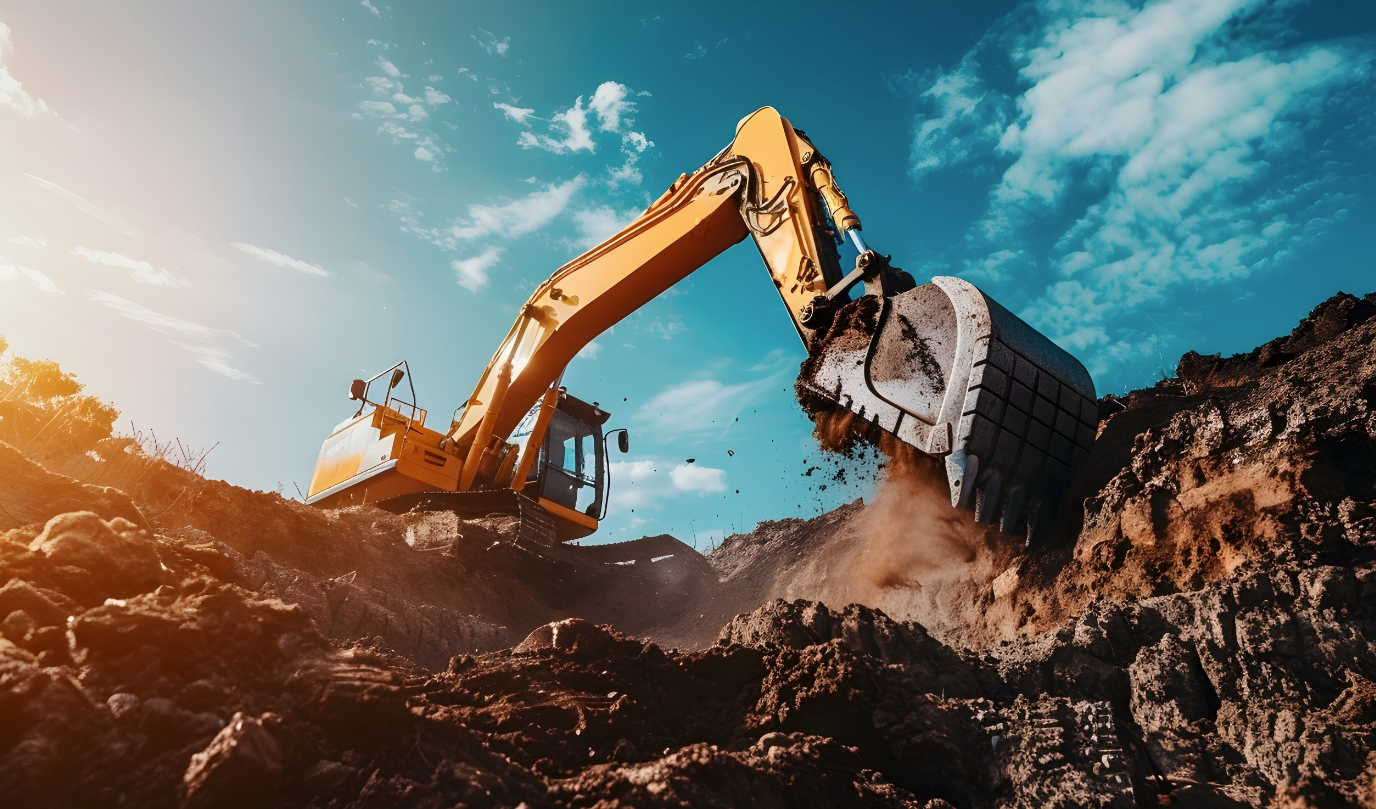 Escavadeira amarela cavando um monte de terra sob um céu azul com nuvens.