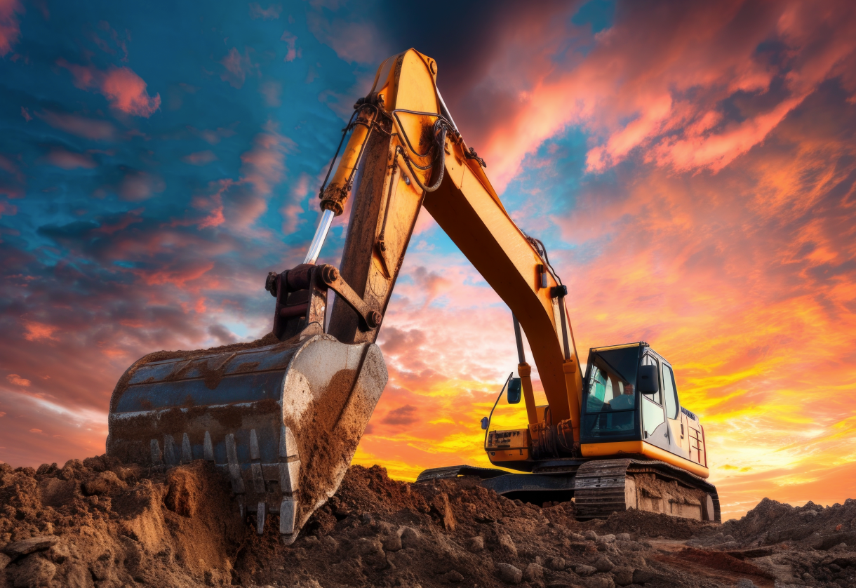 Escavadeira amarela removendo terra com um céu ao pôr do sol ao fundo.