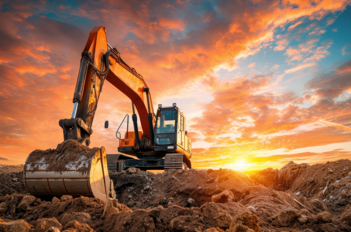 Escavadeira laranja trabalhando na terra com um pôr do sol flamejante ao fundo.