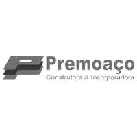 Logotipo da Premoaço, empresa de construção e incorporação. Gráfico cinza com letras 