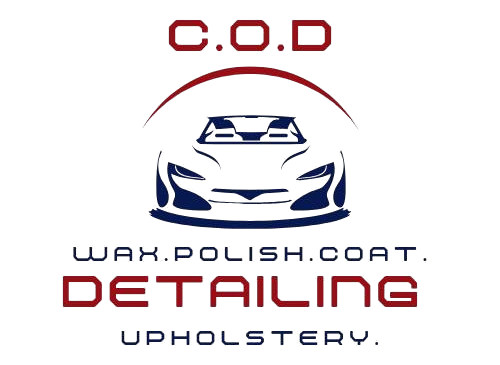 A logo for c.o.d wax polish coat detailing upholstery