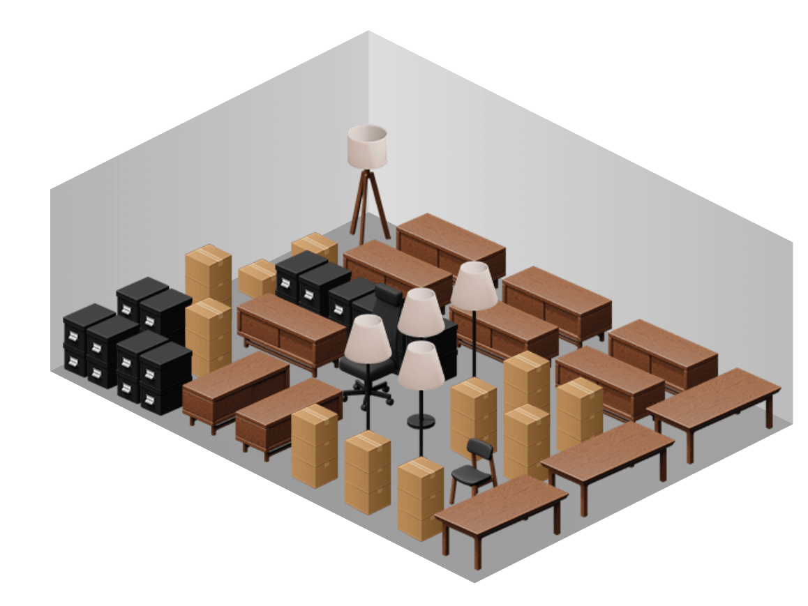 A layout of a Storage unit with various items in it