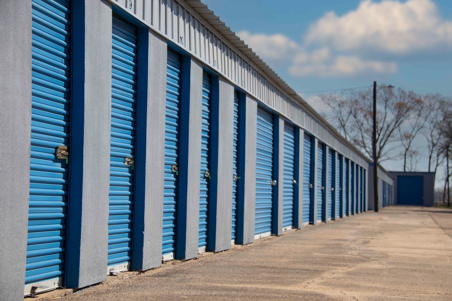 A row of drive up storage units
