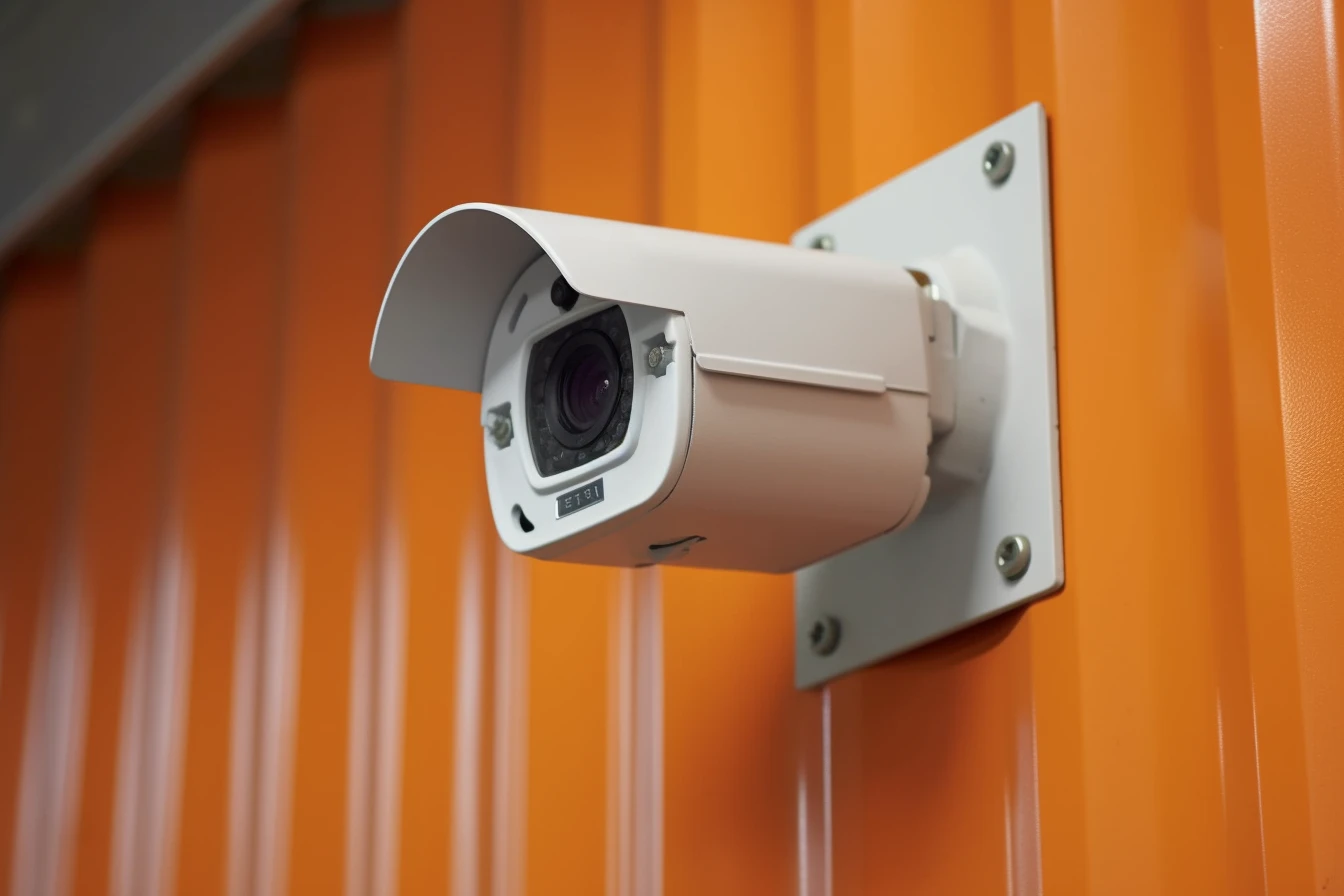 A security camera mounted on an orange wall