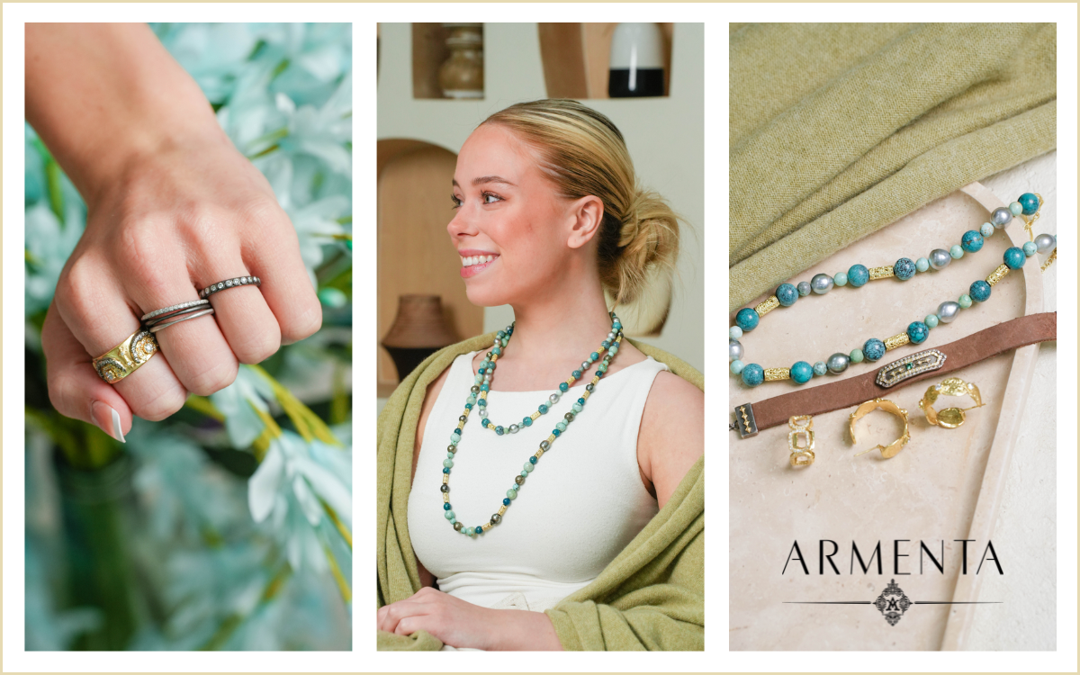 Jewelry advertisement featuring rings, necklace, and a woman wearing a necklace. Green and gold tones.