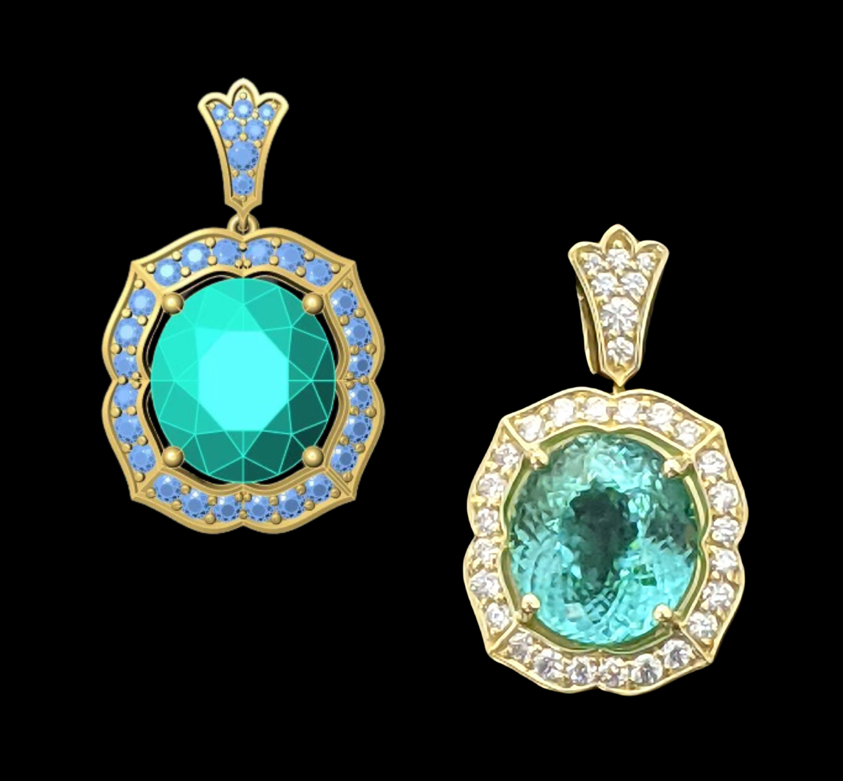 Two gemstone pendants, one with turquoise stone and blue accents, the other with a blue stone and diamond accents.