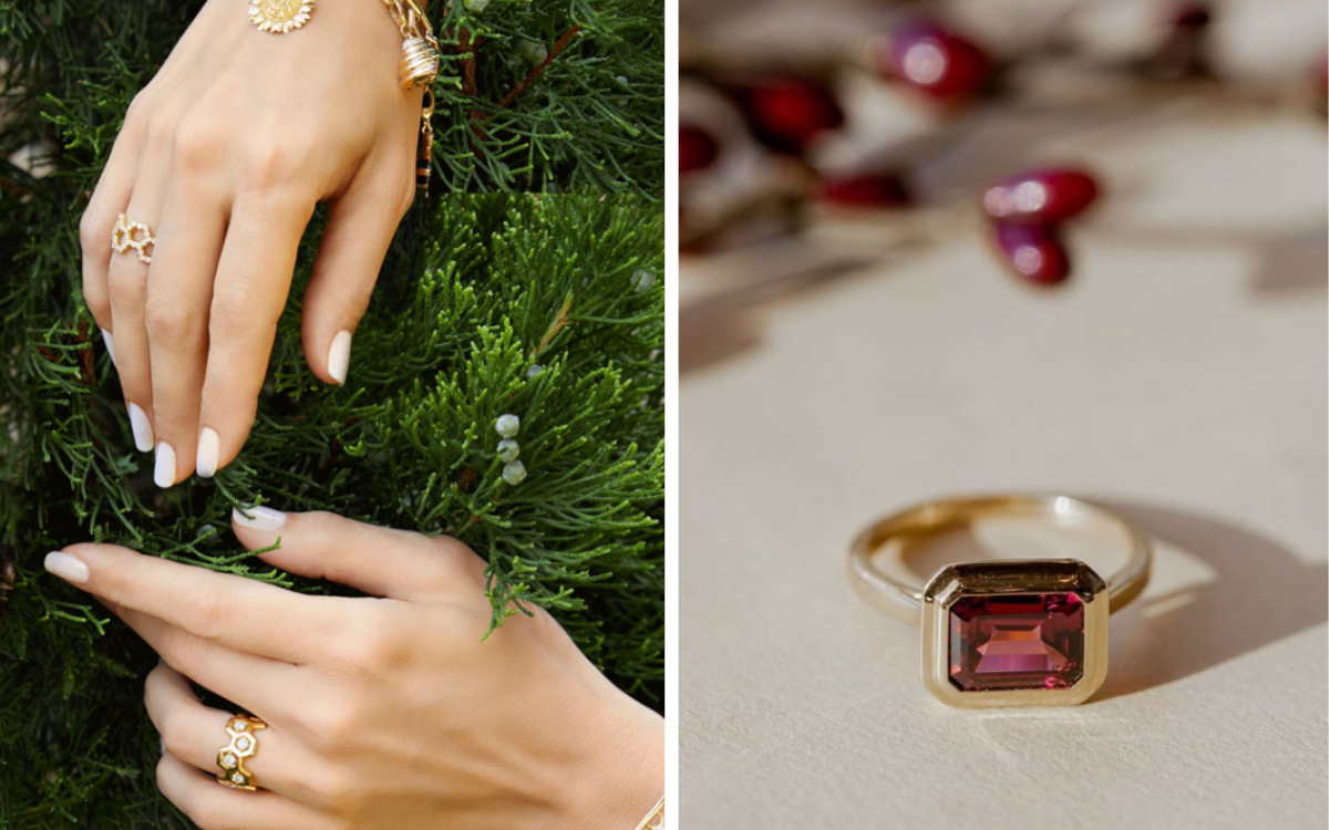 Left: Hands with gold rings and bracelet near green foliage. Right: Gold ring with a pink gemstone.
