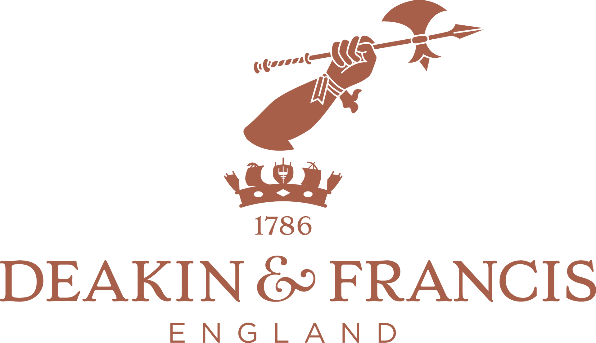 Brown arm holding a stylized weapon above a crown; 