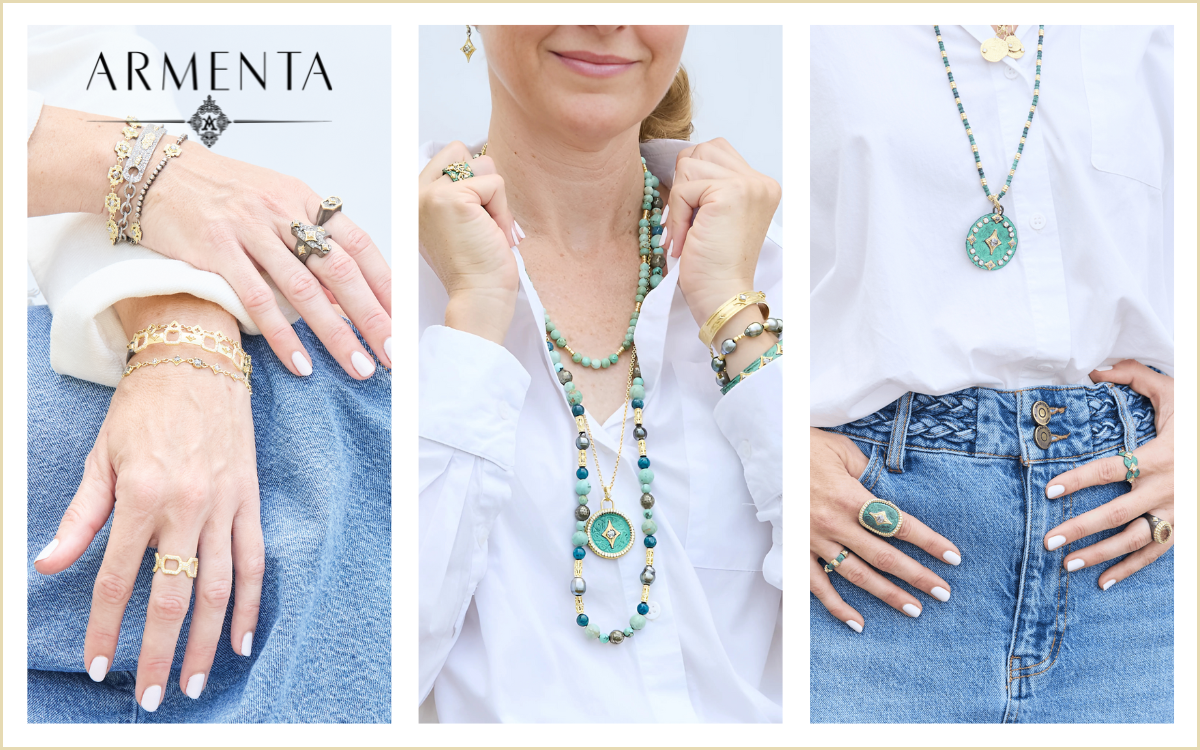 Jewelry display: woman in white shirt and jeans with multiple necklaces, bracelets, and rings. Green and gold accents.