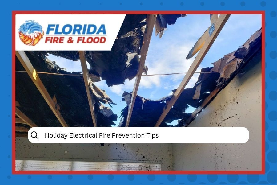 Damaged ceiling with exposed wooden beams, logo: Florida Fire & Flood, text: Holiday Electrical Fire Prevention Tips.