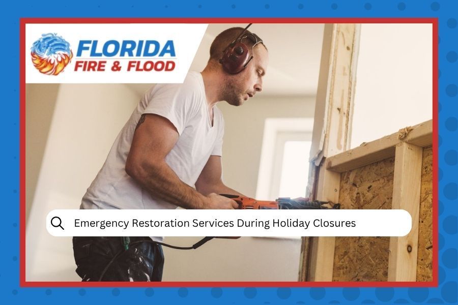 Man using a saw, emergency restoration services during holiday closures. Florida Fire & Flood logo.