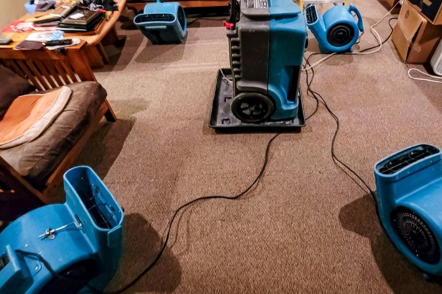 Portable water extractor and several blue air movers running on a damp carpet during a residential drying job in Tavares FL