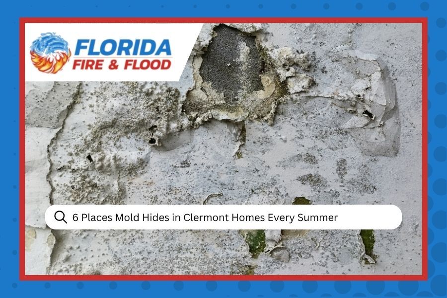 Florida Fire & Flood logo with mold on a cracked wall and text: “6 Places Mold Hides in Clermont Homes Every Summer”