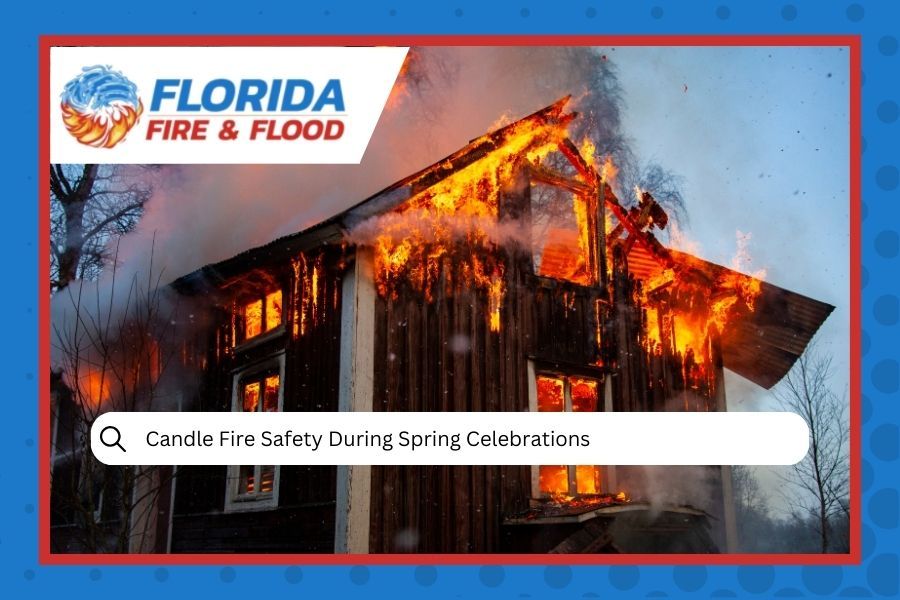House engulfed in flames, promoting candle fire safety during spring celebrations. Florida Fire & Flood logo.