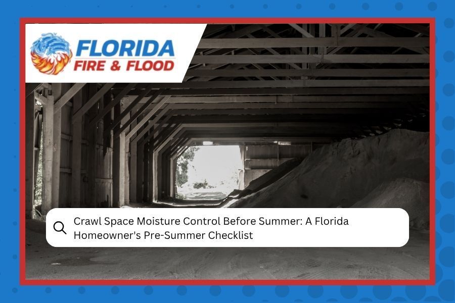 Florida Fire & Flood crawl space moisture control ad with crawlspace beams and checklist text
