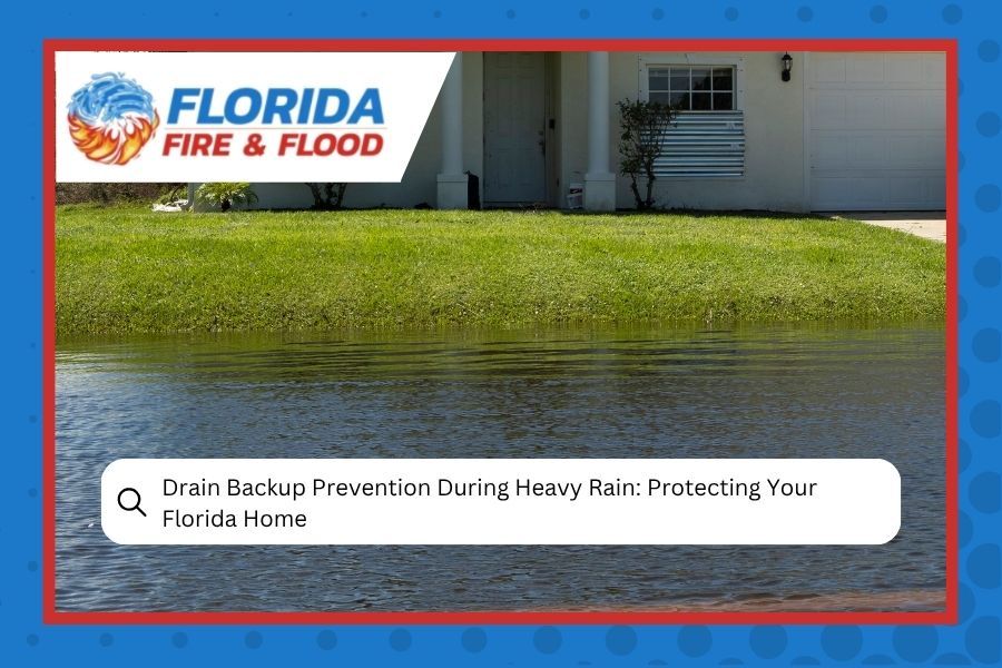 Florida Fire & Flood banner about drain backup prevention during heavy rain, showing a flooded lawn and house