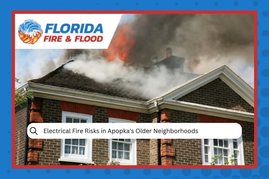 House on fire; smoke and flames. Florida Fire & Flood ad. Search bar: 
