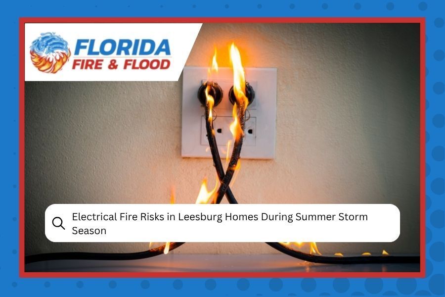 Florida Fire & Flood graphic of a burning electrical outlet and the headline “Electrical Fire Risks in Leesburg Homes During Summer Storm Season”