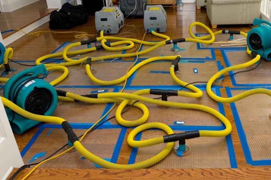 Technician operating an injectidry floor drying system on hardwood flooring with tubing and drying mats visible across the room
