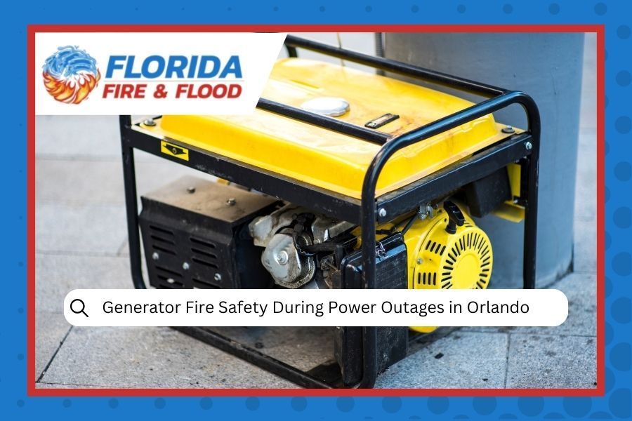 Yellow generator for power outage in Orlando. Text on the image reads,