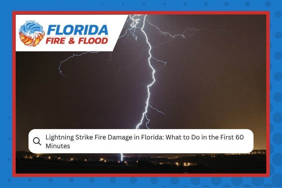 Florida Fire & Flood logo over lightning storm with search bar: “Lightning Strike Fire Damage in Florida: What to Do in the First 60 Minutes”