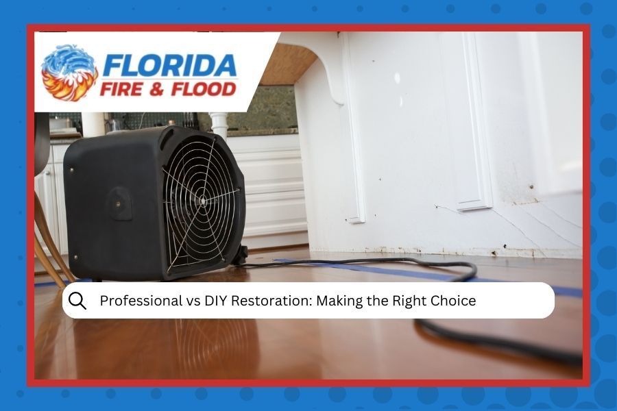 Black air mover drying a floor; white wall in the background. Florida Fire & Flood logo. Text: