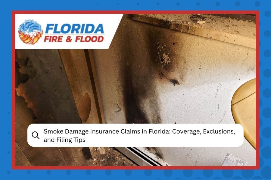 A wall with visible smoke damage next to a Florida Fire & Flood logo and a text overlay about smoke damage insurance.