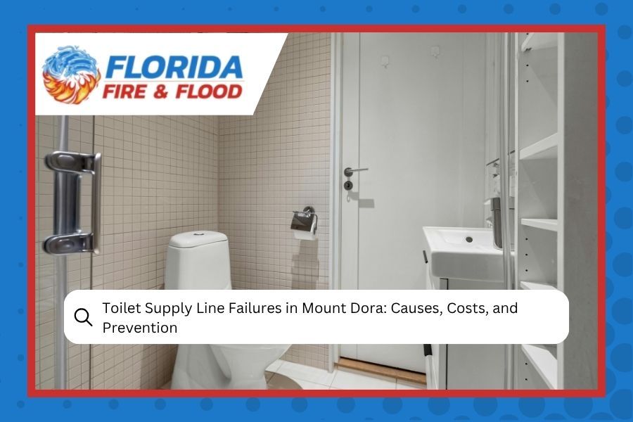 Bathroom with toilet and shower, Florida Fire & Flood logo, and caption about toilet supply line failures