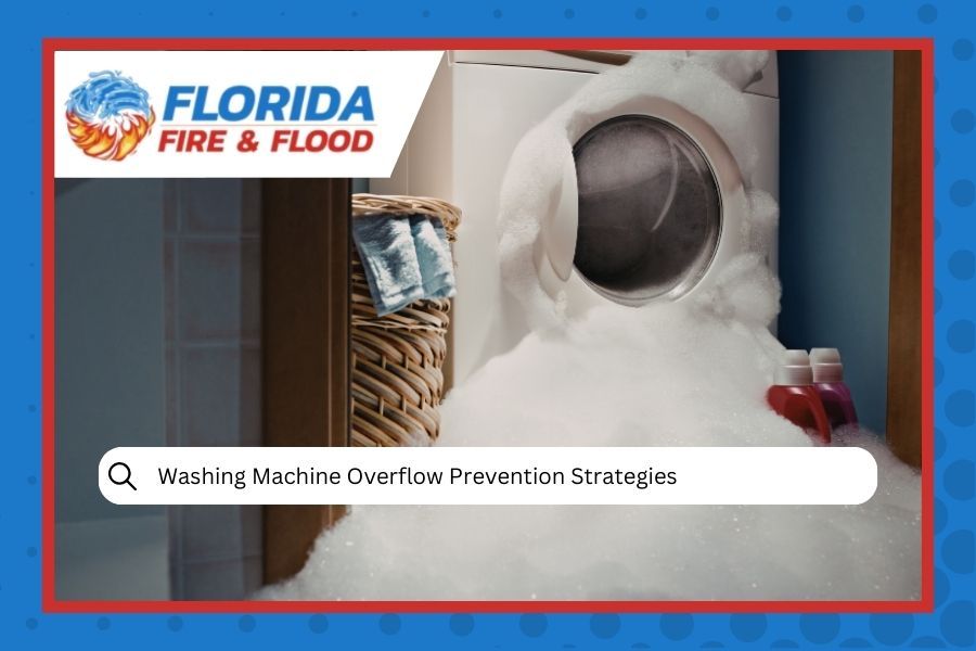Washing machine overflowing with suds in a bathroom; Florida Fire & Flood logo visible.