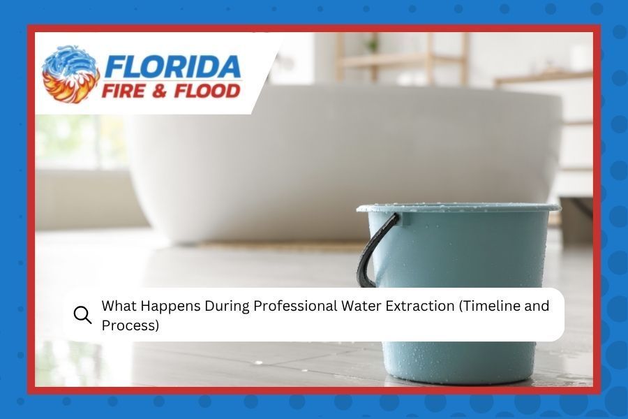 Florida Fire & Flood logo above a coffee cup and bowl with text about water extraction process
