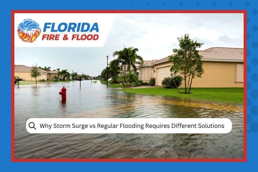 Flooded street after storm, logo for Florida Fire & Flood. Text: 