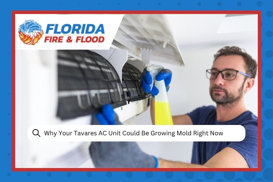 A worker in blue gloves cleans an AC unit, with the text: 