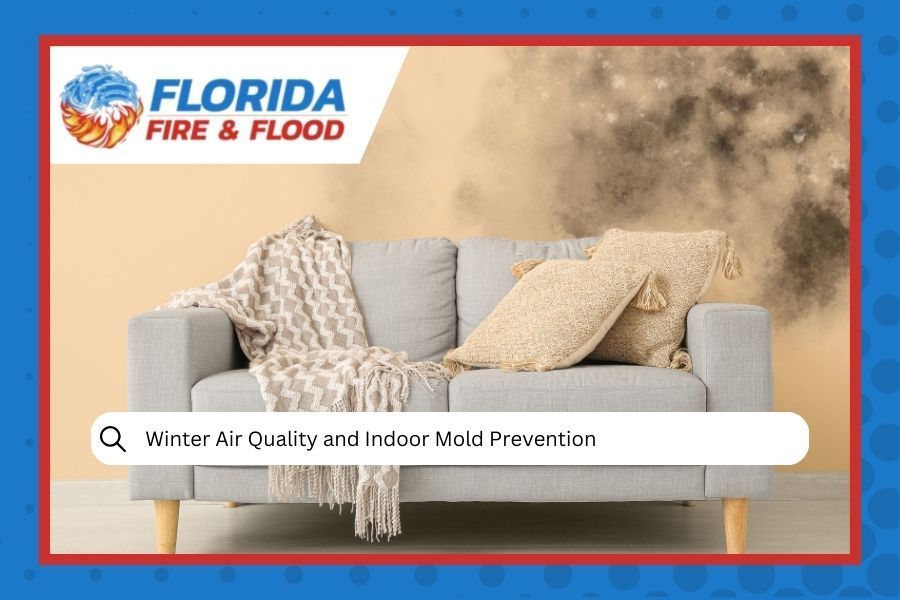 Couch with blankets, pillows, and visible mold growth in a living room, with a logo for 