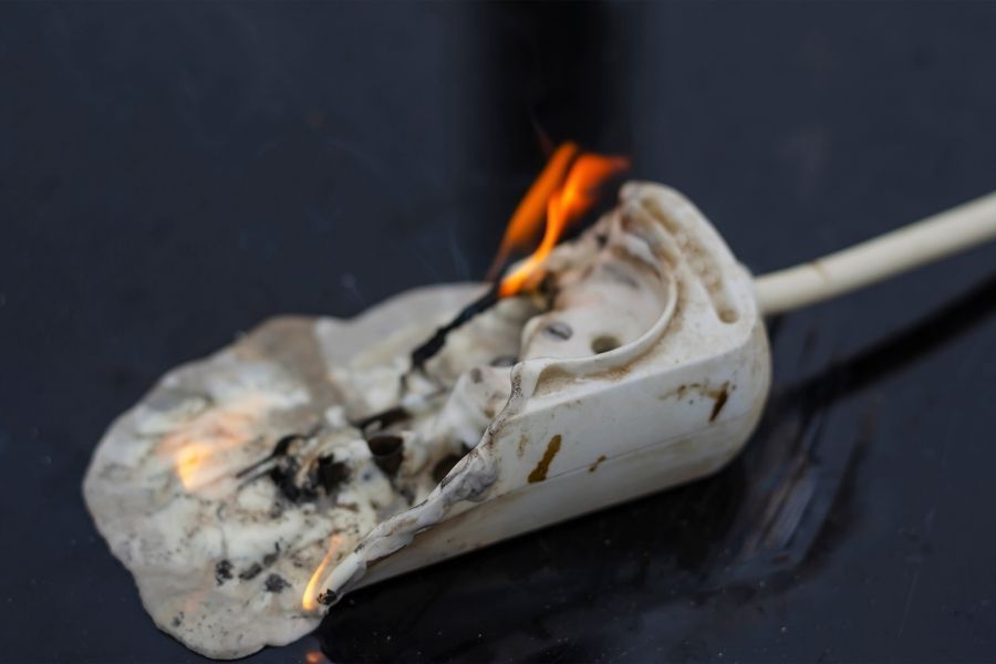 Melted power strip showing electrical fire damage